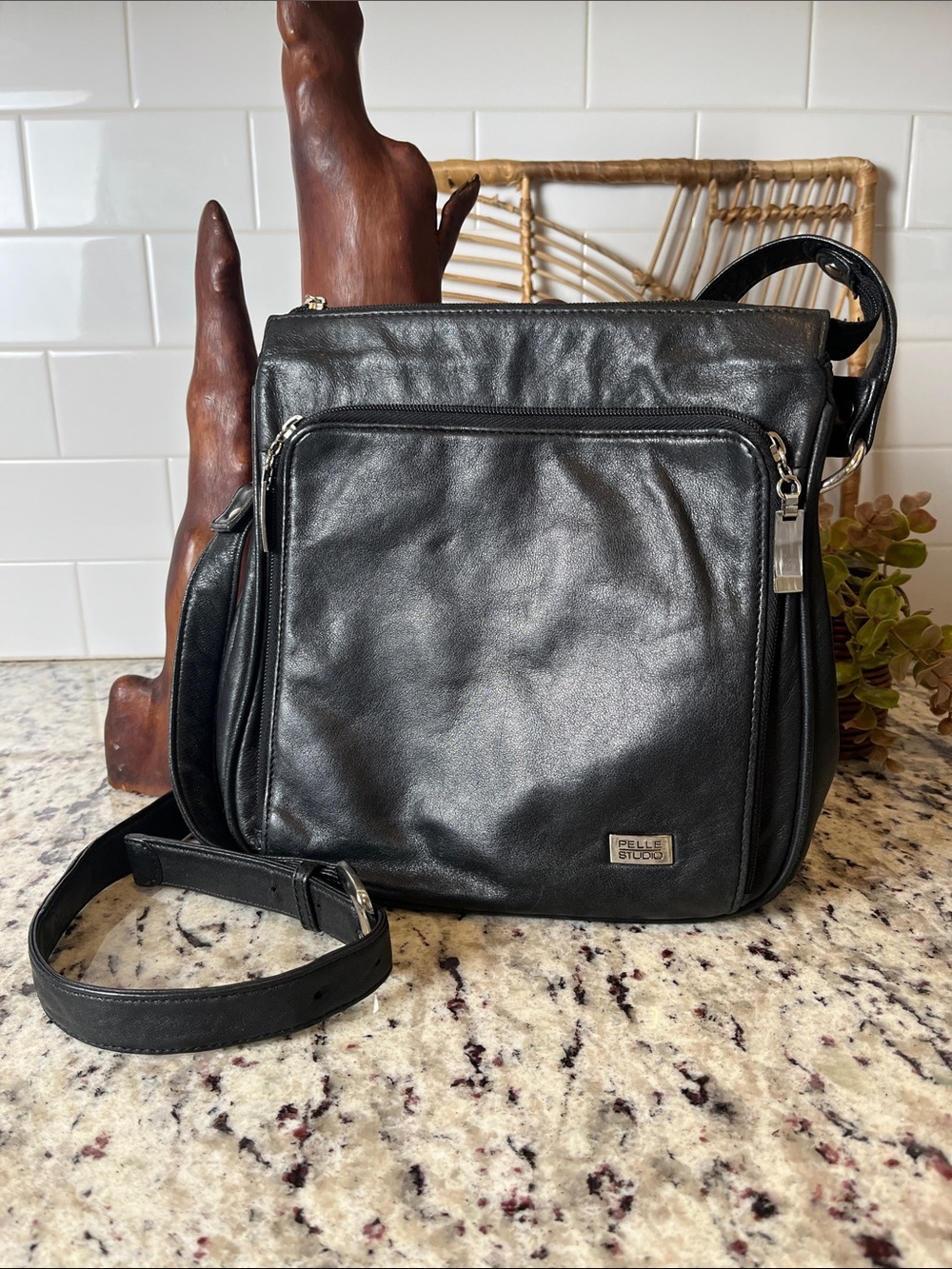 Pelle Studio Black Leather Messenger Crossbody